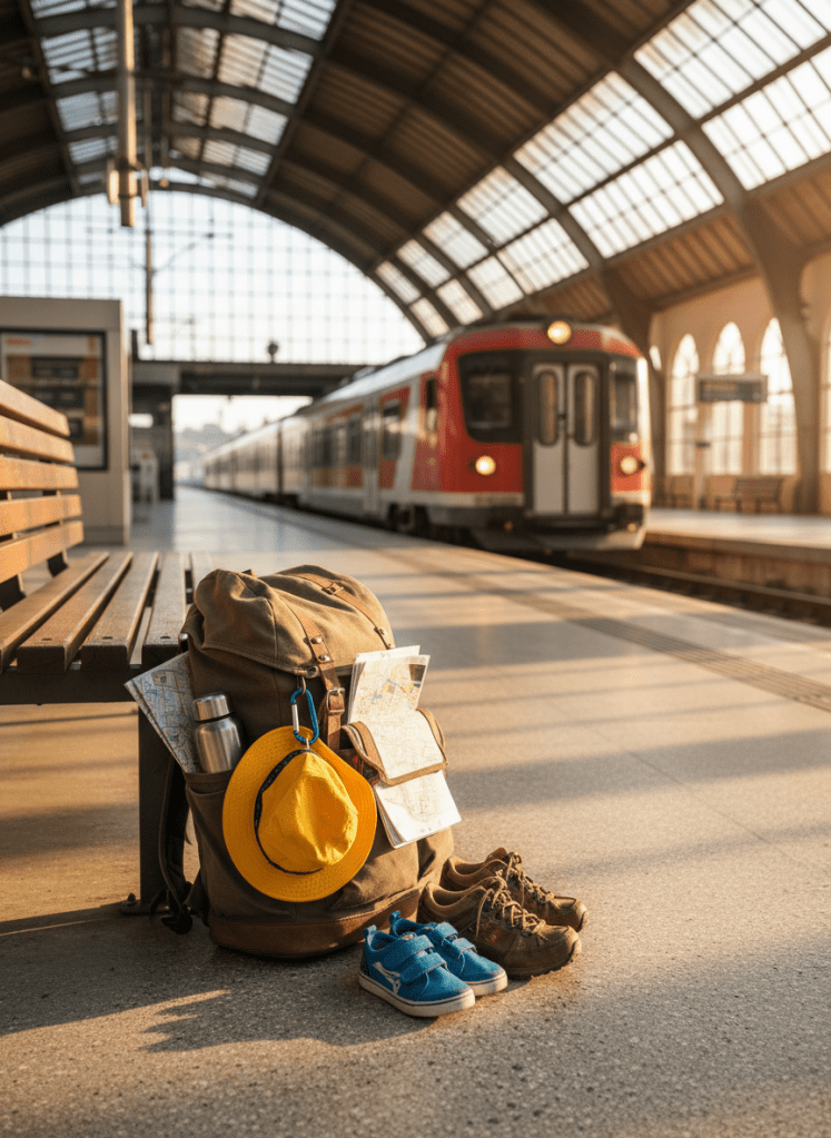 A cozy family-sized backpack leaning against a simple train station bench, its side pockets stuffed with reusable water bottles, crumpled city maps, and two tiny, matching sun hats hooked onto a carabiner. Nearby, a pair of kid-sized sneakers sit beside larger worn hiking shoes, all resting on speckled concrete. In the background, slightly out of focus, a regional train waits on the track under a high glass roof. Golden hour light streams in, casting long, soft shadows and warm reflections on metal rails. Captured at eye level in photographic realism, the composition uses rule of thirds, emphasizing honest, everyday travel logistics and the playful chaos of family journeys without showing people.