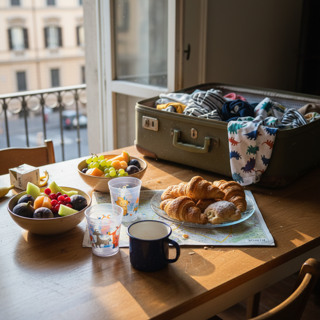 A sunlit Airbnb kitchen table set for a simple, budget-conscious family breakfast abroad: mismatched ceramic bowls filled with fresh local fruit, slightly bruised but vibrant, and two identical small plastic cups beside a larger enamel mug. A city map, lightly wrinkled, is spread under a clear glass plate holding croissants and regional pastries. Soft late-morning light streams through a nearby window, illuminating dust particles and casting gentle shadows across the wooden tabletop. In the background, an open suitcase on a chair reveals rolled clothes and a pair of tiny matching pajamas. Captured in photographic realism with an inviting, homey mood, shot at a three-quarter angle, the composition feels playful, intimate, and honestly imperfect—showing the real texture of family travel days.